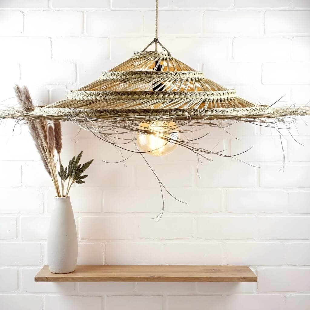 Oversized Palm Leaf Pendant Light – Three-Tiered Handwoven Ceiling Lamp