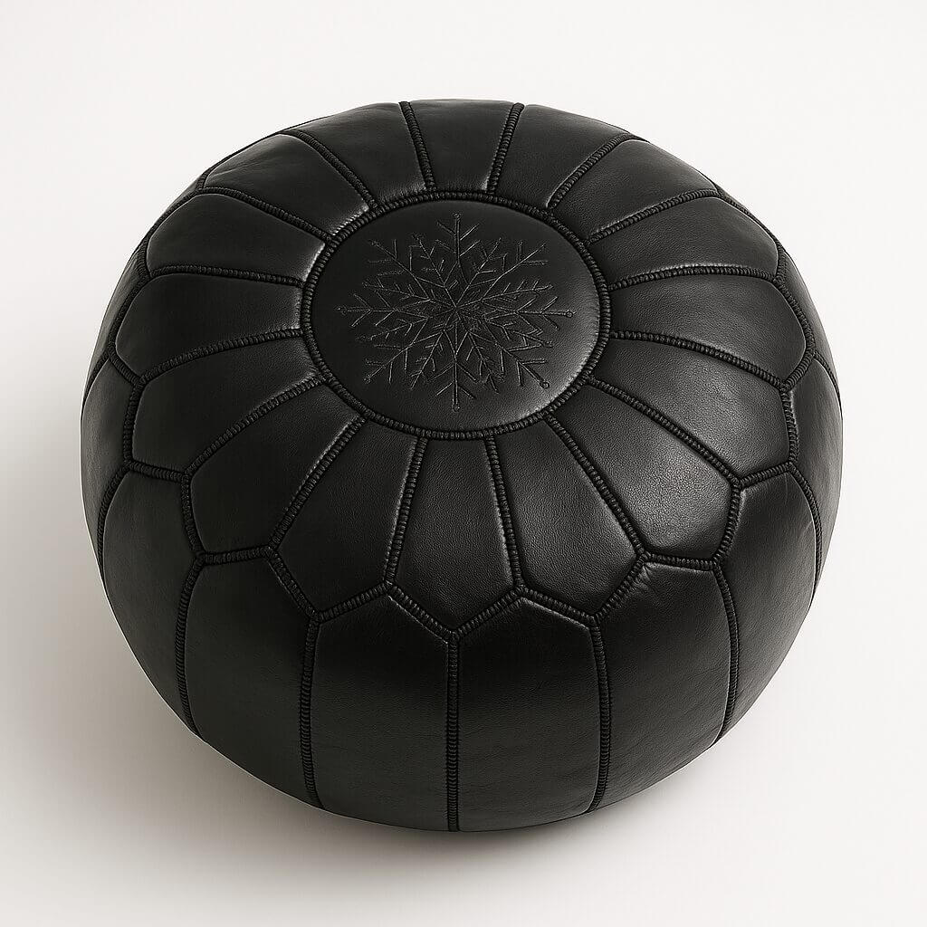Black Leather Round Ottoman 21 inch – Handcrafted Floor Pouf with Star Stitching