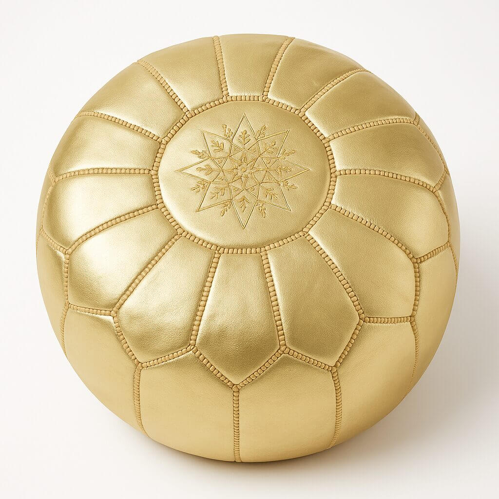 Gold Leather Floor Ottoman 21 inch – Handcrafted Moroccan Round Pouf