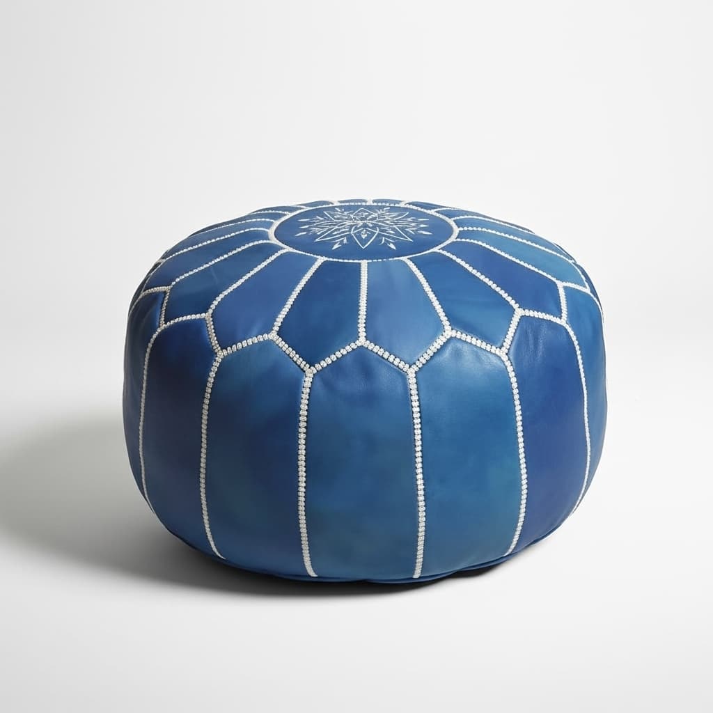 Denim Blue Leather Floor Ottoman 21 inch – Handcrafted Round Pouf
