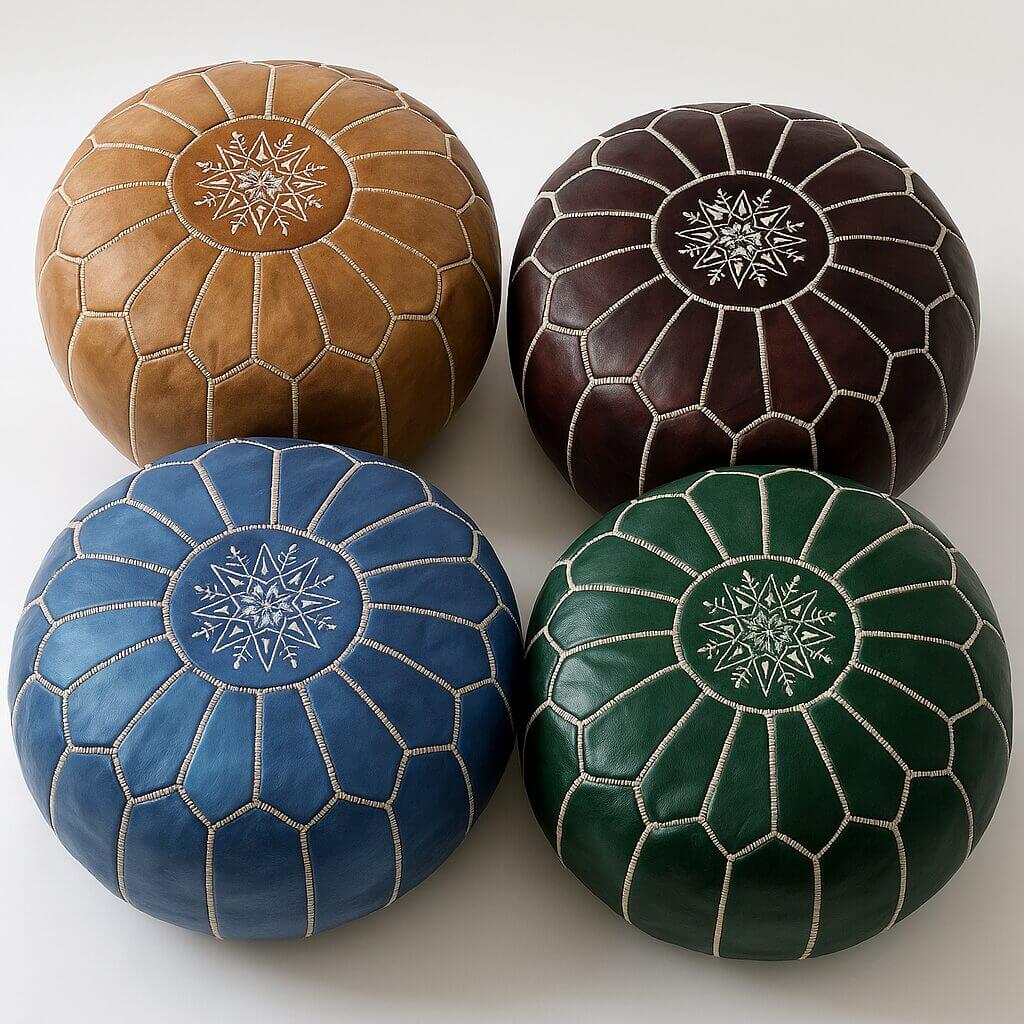 Handcrafted Leather Floor Ottoman Set – 21 inch Round Poufs (Set of 4)