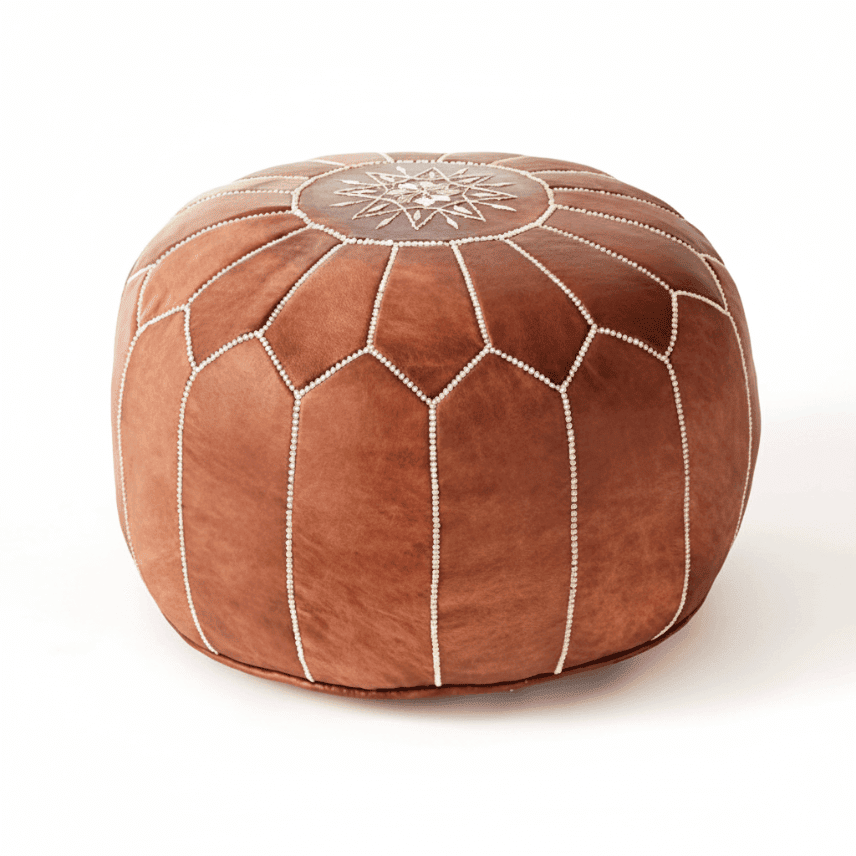 Tan Leather Floor Ottoman 21 inch – Handcrafted Pouf with Star Design