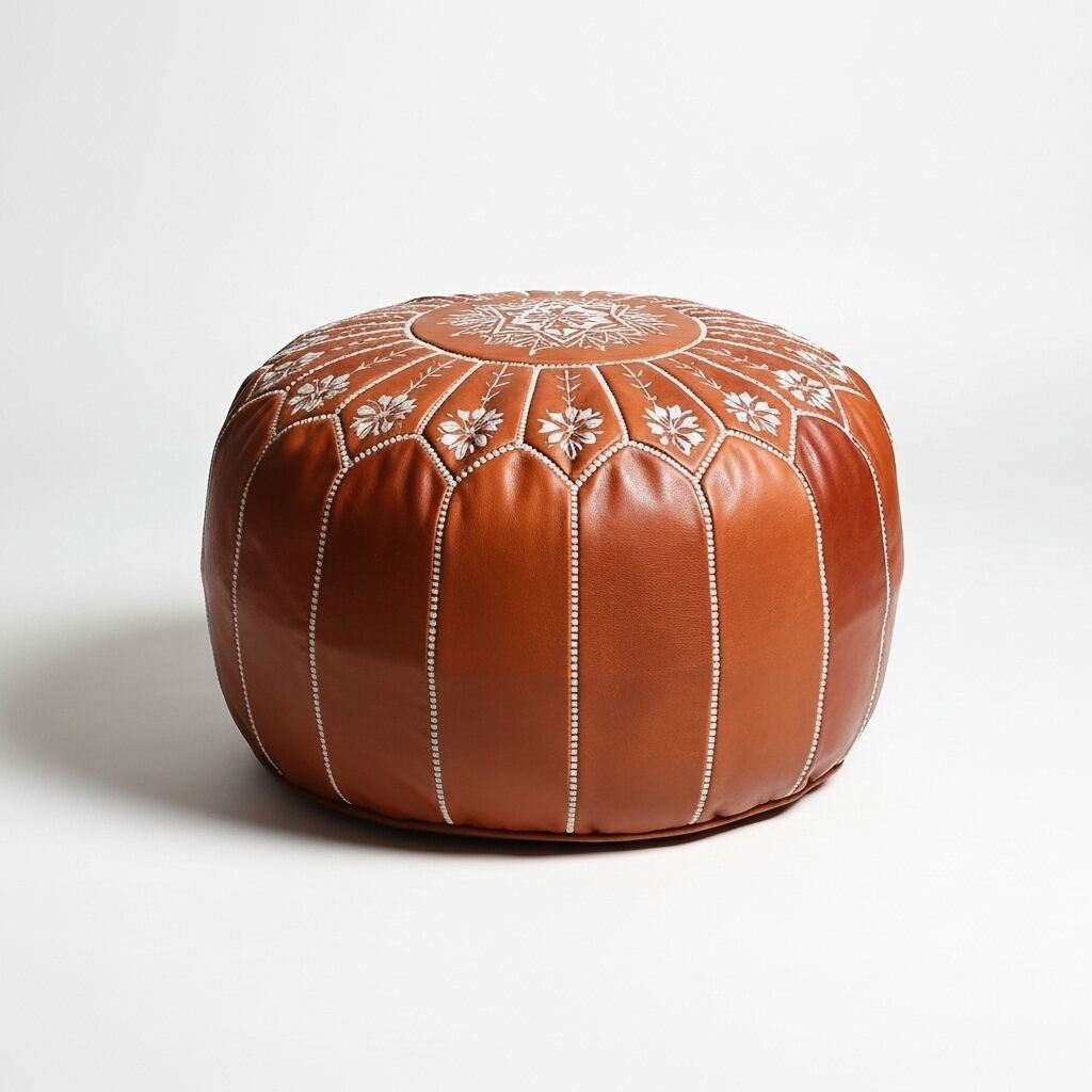 Genuine Leather Round Ottoman 21 inch – Handcrafted Floor Pouf with Embroidery