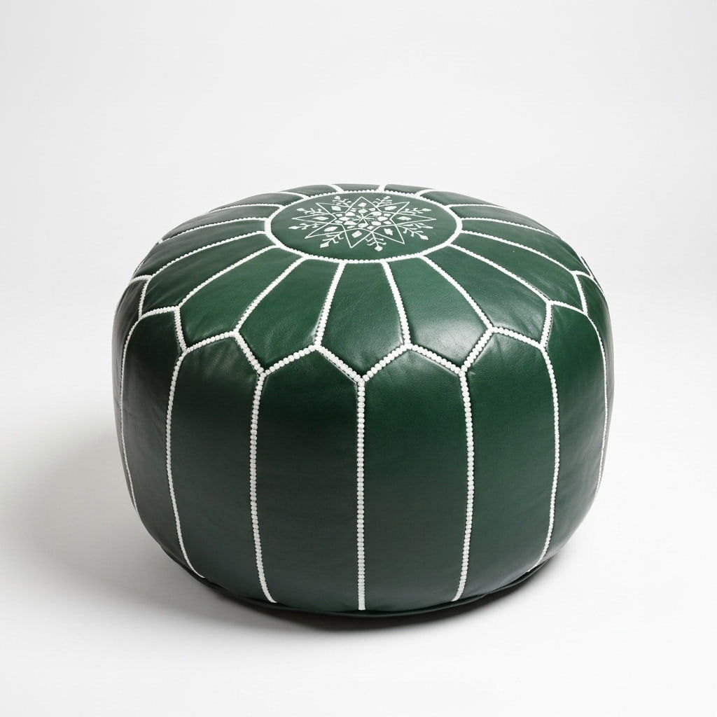 Green Leather Round Ottoman 21 inch – Handcrafted Floor Pouf with Star Design