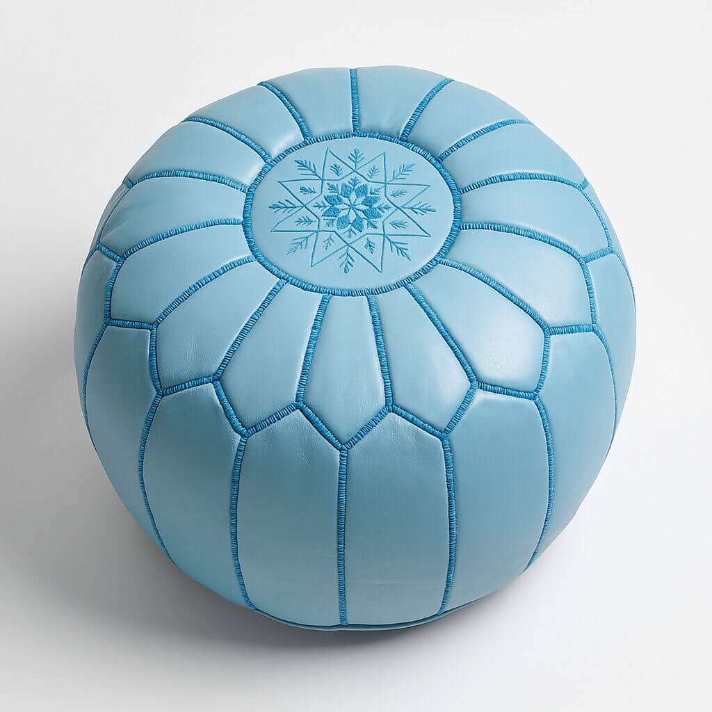 Sky Blue Leather Round Ottoman 21 inch – Handcrafted Floor Pouf