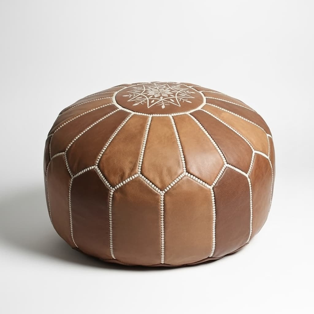 Silver Leather Round Ottoman 21 inch – Handcrafted Moroccan Floor Pouf