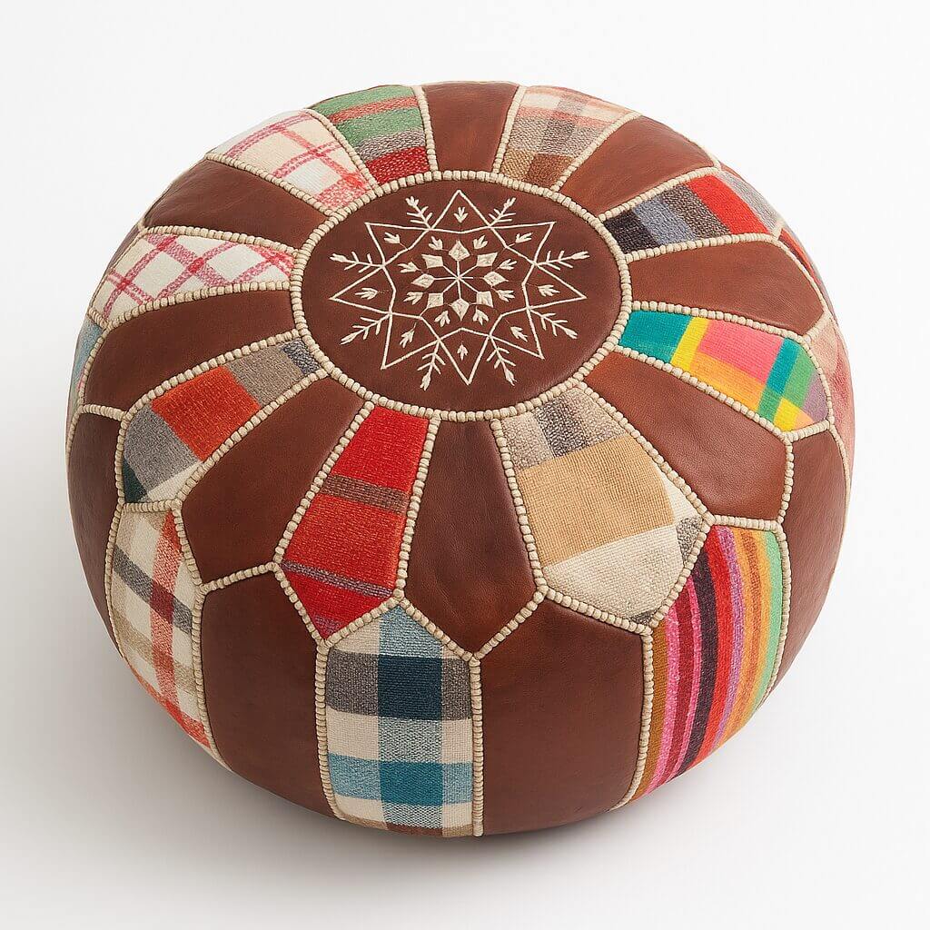 Multicolor Patchwork Leather Pouf – Handcrafted Round Ottoman Boho