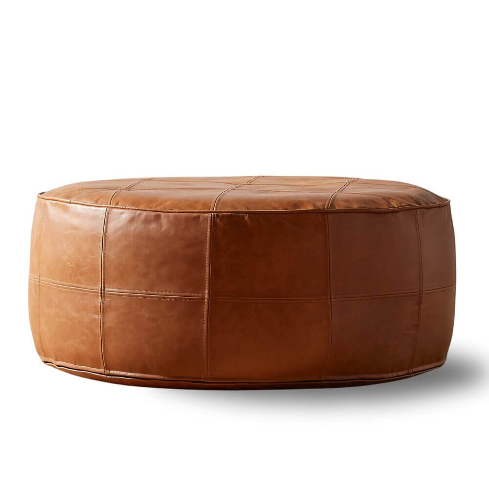 Large Leather Floor Ottoman 25 inch – Handcrafted Moroccan Round Pouf