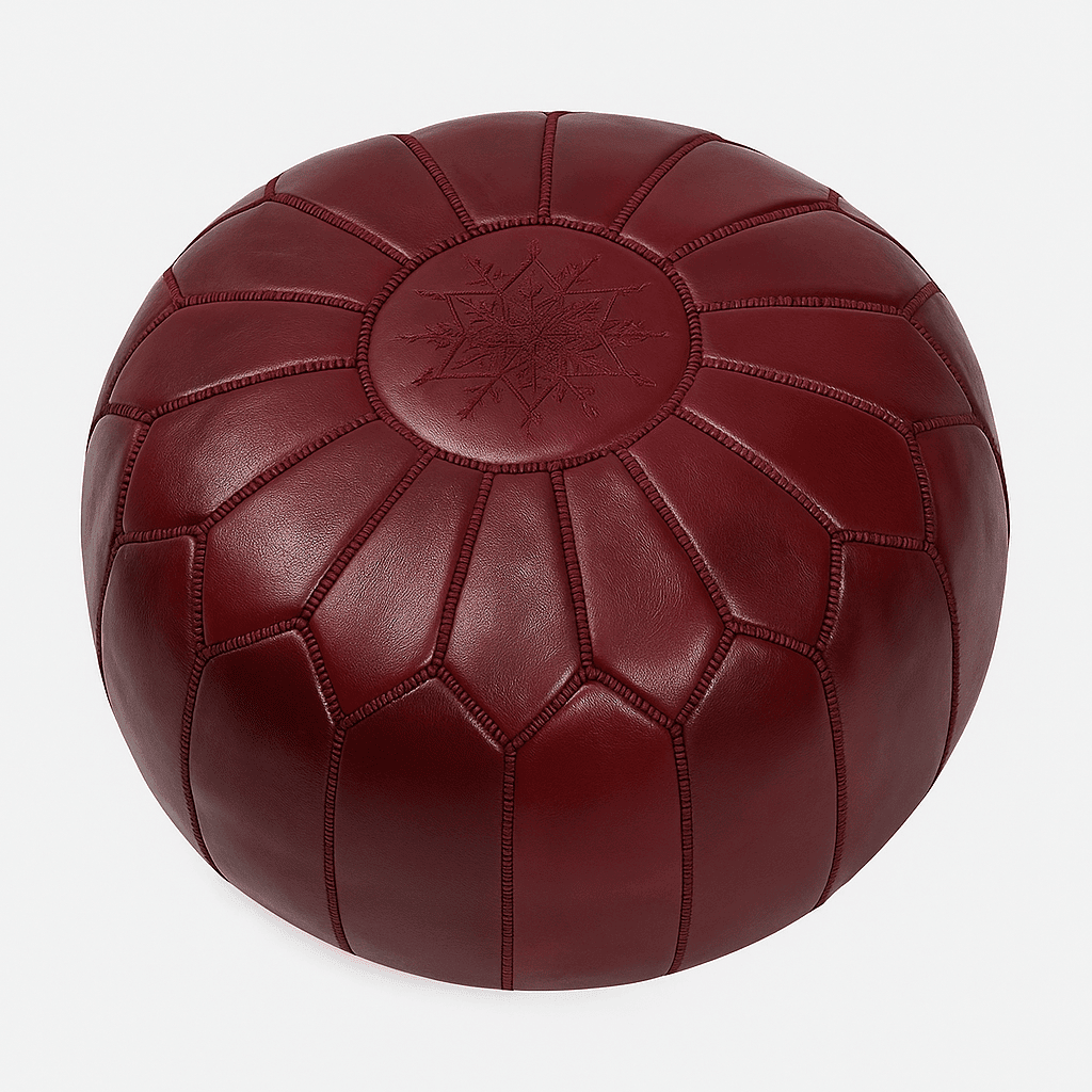 Leather Floor Ottoman Round 21 inch – Deep Red Moroccan Pouf