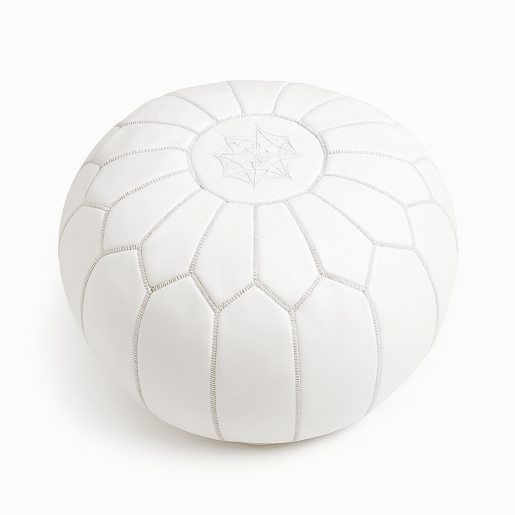 White Leather Round Ottoman 21 inch – Handcrafted Floor Pouf