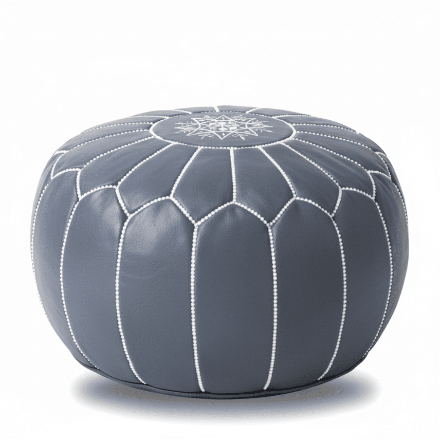 Gray Leather Round Ottoman 21 inch – Handcrafted Moroccan Floor Pouf