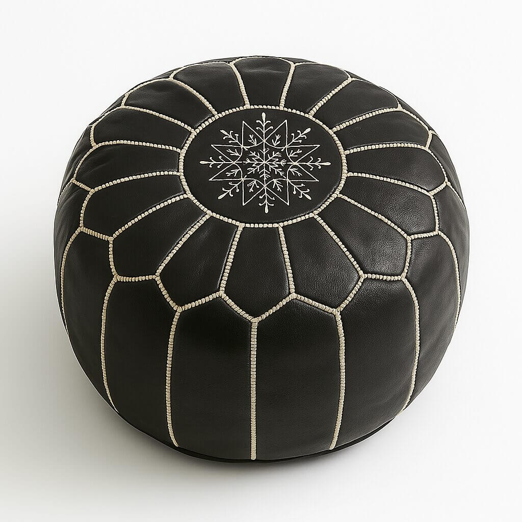 Black Leather Floor Ottoman 21 inch – Handcrafted Round Pouf with White Stitching