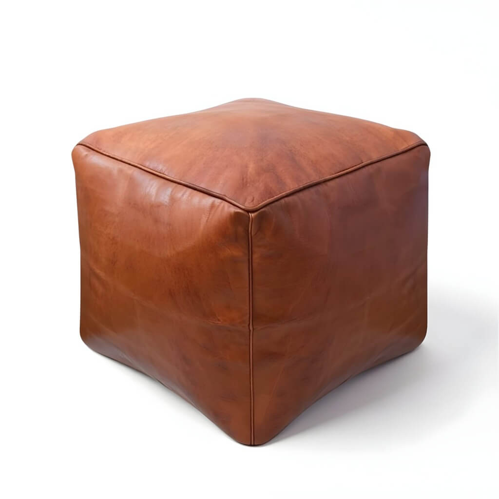Dunkelbrauner, quadratischer Lederpouf – Handgefertigter marokkanischer Bodenhocker