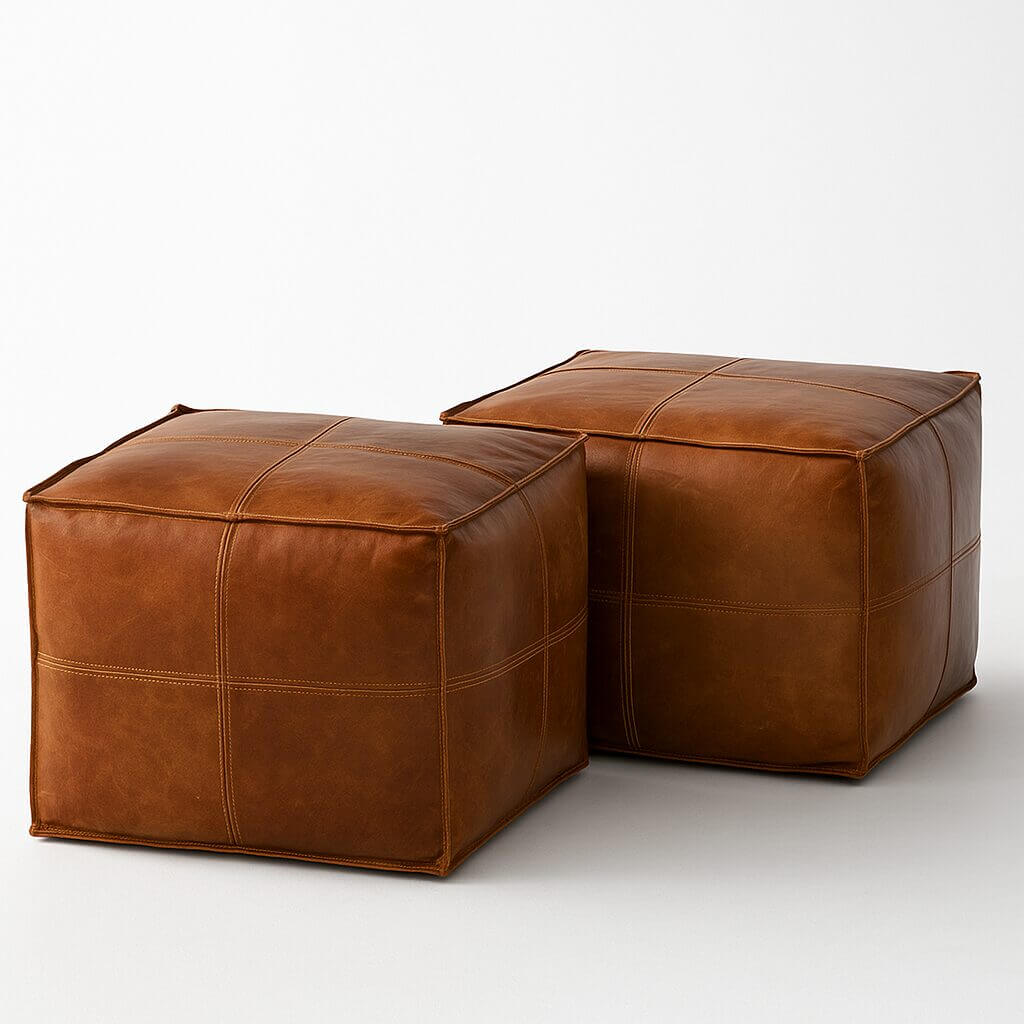 Square Leather Ottoman Set – 2 Handcrafted Floor Poufs Coffee Table