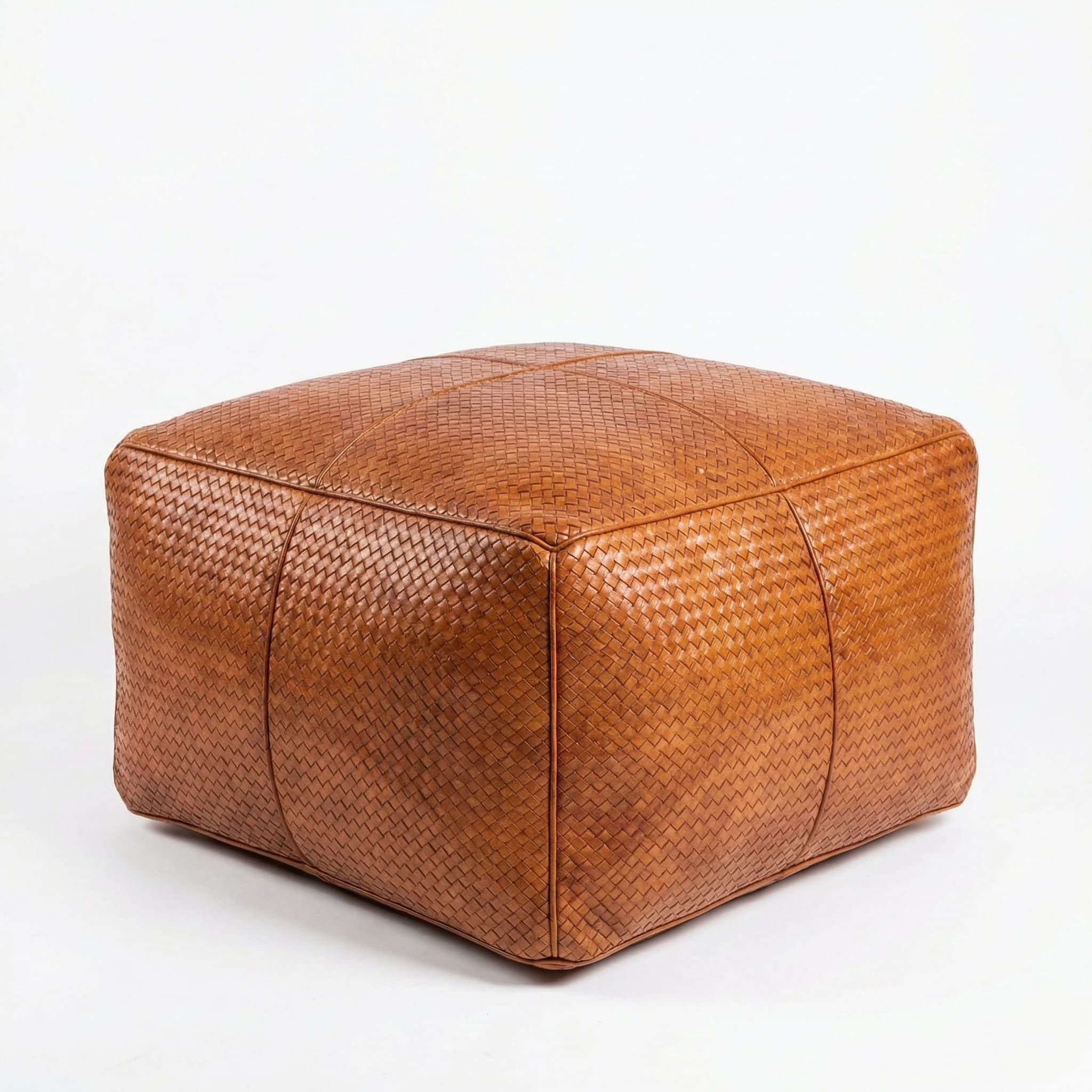 Braided Leather Square Ottoman – Handwoven Herringbone Pouf