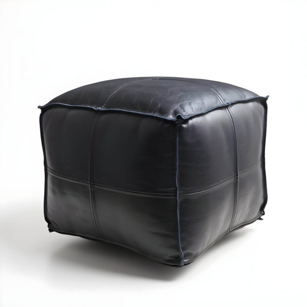 Black Leather Square Pouf Ottoman – Handcrafted Floor Seating in 5 Sizes