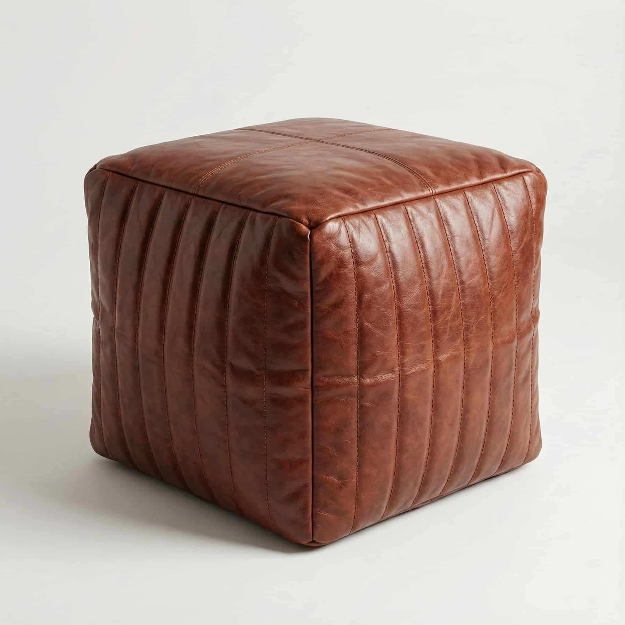 Genuine Leather Cube Ottoman – Handcrafted Channel Stitched Floor Pouf 20