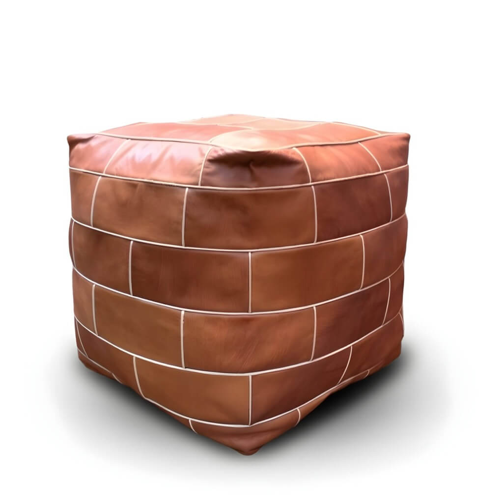 Square Leather Floor Pouf 16 inch – Handcrafted Cube Ottoman Footrest