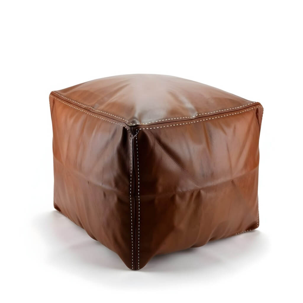 Square Leather Ottoman 16 inch – Handcrafted Footstool with Contrast Stitching
