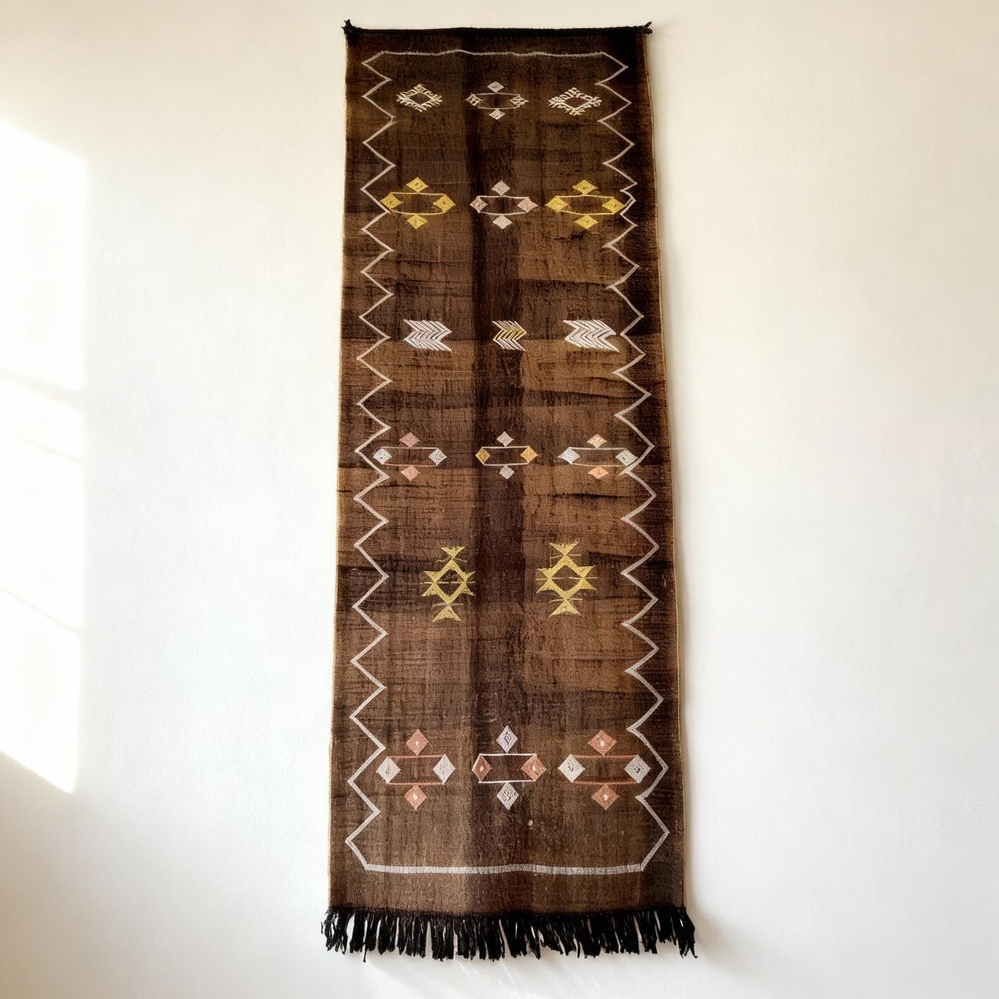 Tapis de couloir en soie marron tissé à la main, motif cactus – Géométrique tribal 60 x 280 cm