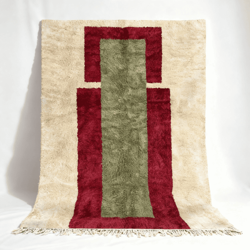 Handmade Moroccan Geometric Wool Rug – Traditional Berber Design in Burgundy & Sage