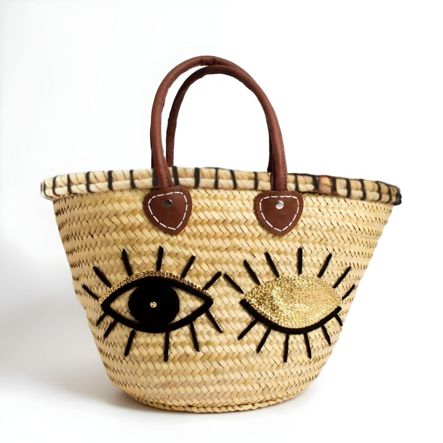 Borsa tote in paglia con occhio ammiccante e cestino da spiaggia decorato con paillettes