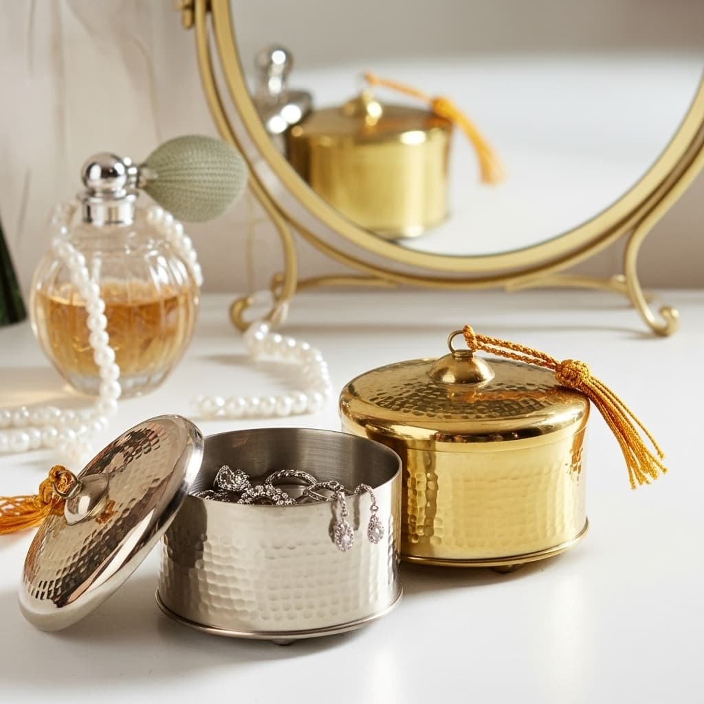 Decorative Metal Box with Lid Set of 2 – Hand Hammered Brass & Silver