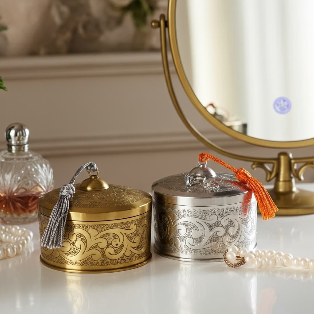 Decorative Metal Box with Lid Set of 2 – Hand Hammered Brass & Silver
