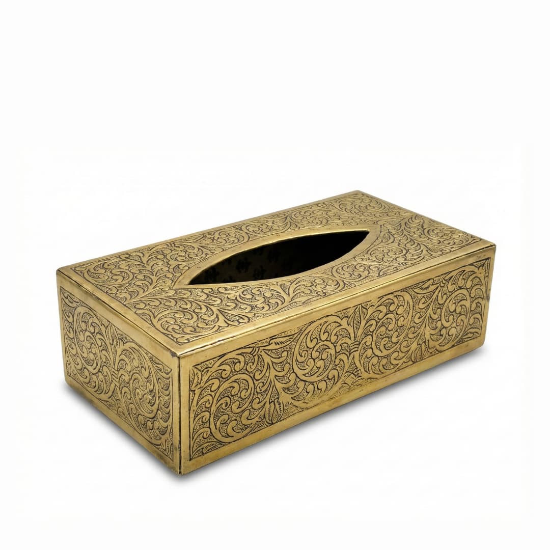 Handcrafted Brass Tissue Box Cover – Engraved & Hammered Metal