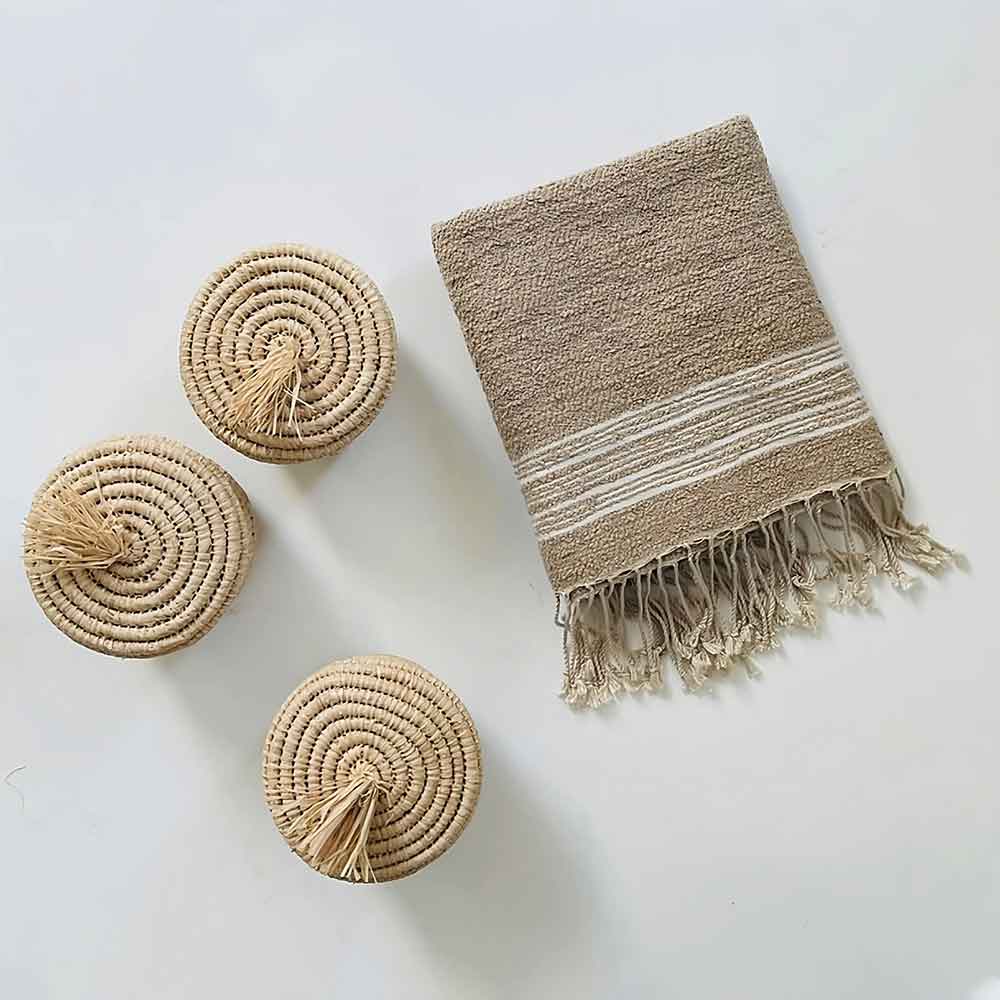 Handwoven Moroccan Raffia Bathroom Containers – Set of 3 with Lids