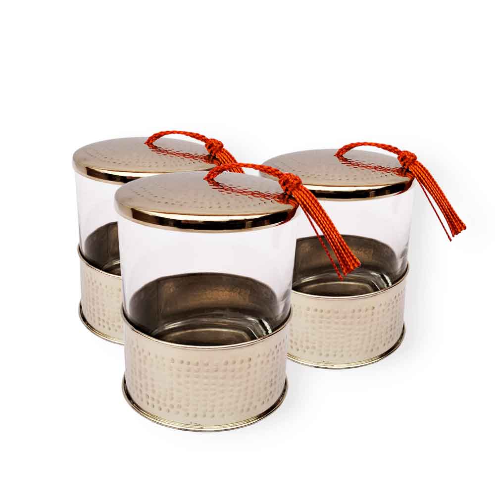 Moroccan Set of 3 Hand Hammered Glass Jars with Brass Lid – Gold & Silver