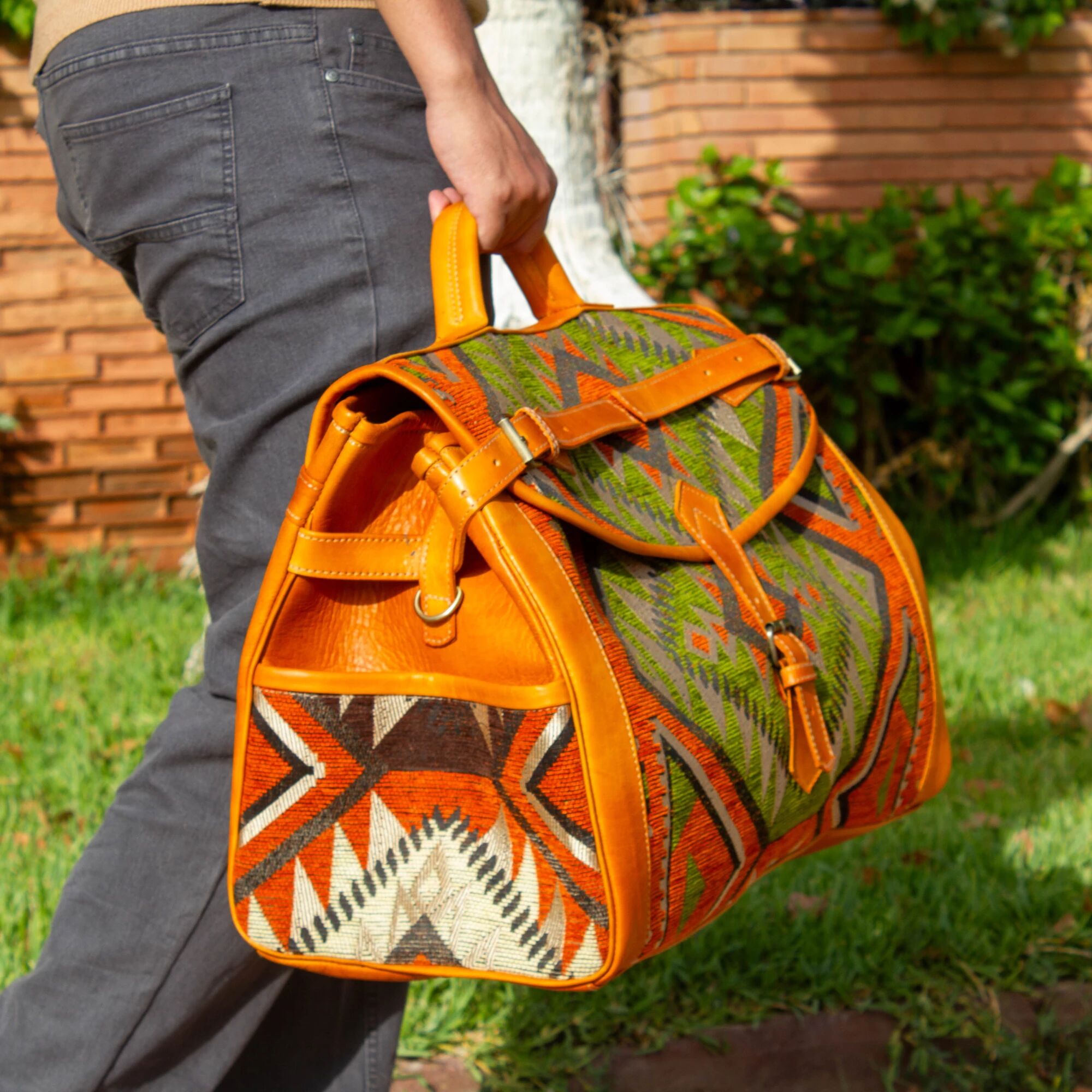 Grande borsa da viaggio in pelle Kilim – Borsa da weekend in stile vintage