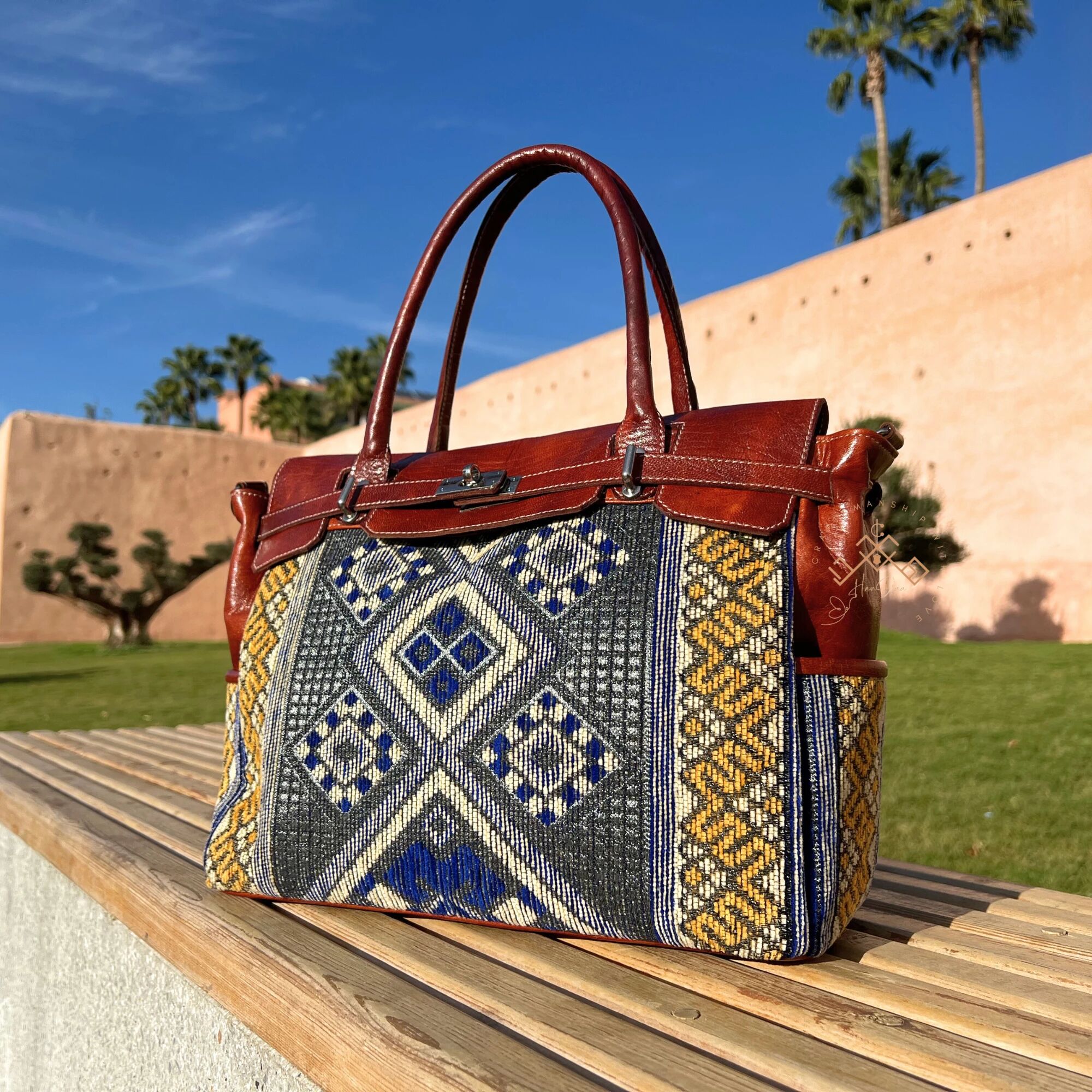 Sac à main en cuir marron et kilim bleu – Sac cabas unique en tapis