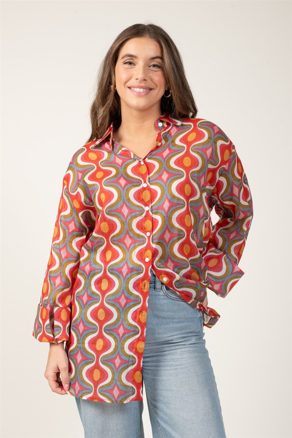 Chemise ample "Ellipse Rouge Lollipop"boutons,ml larges,coton (SMLXL)