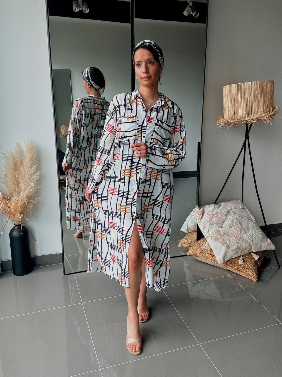 Long bohemian printed shirt dress – Ecru