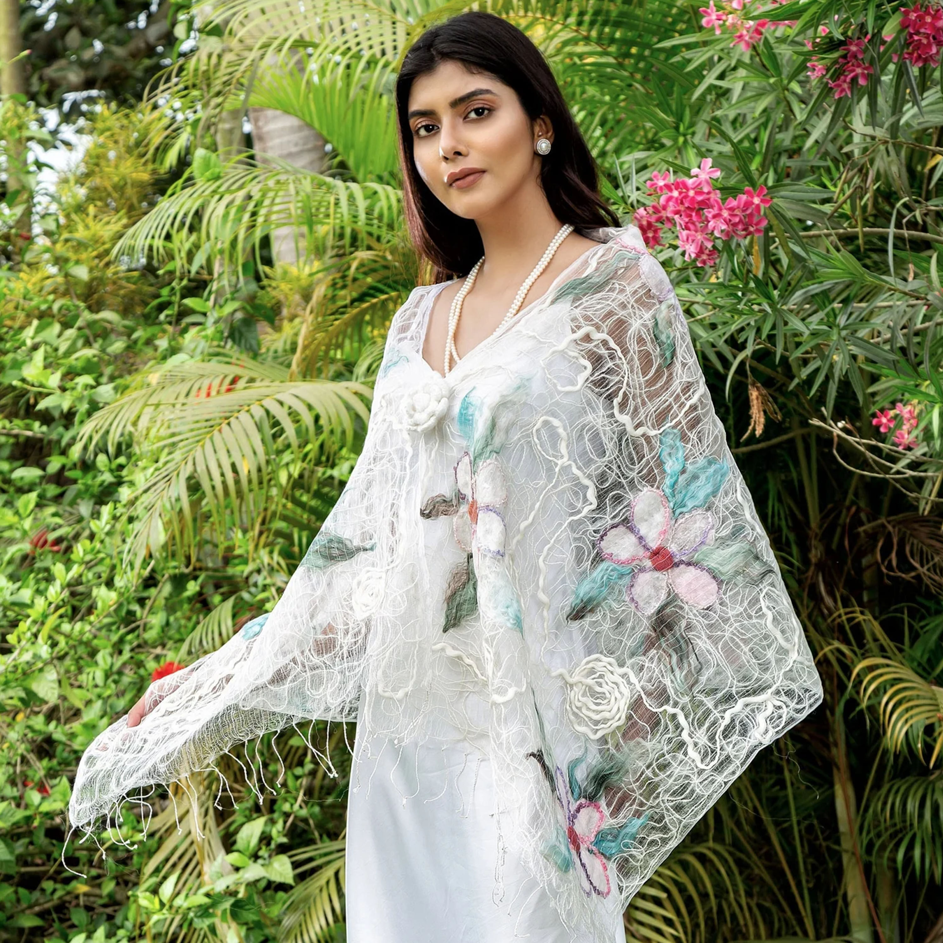 Snowy White Silk Shawl with Dry Felting Handiwork Floral Design