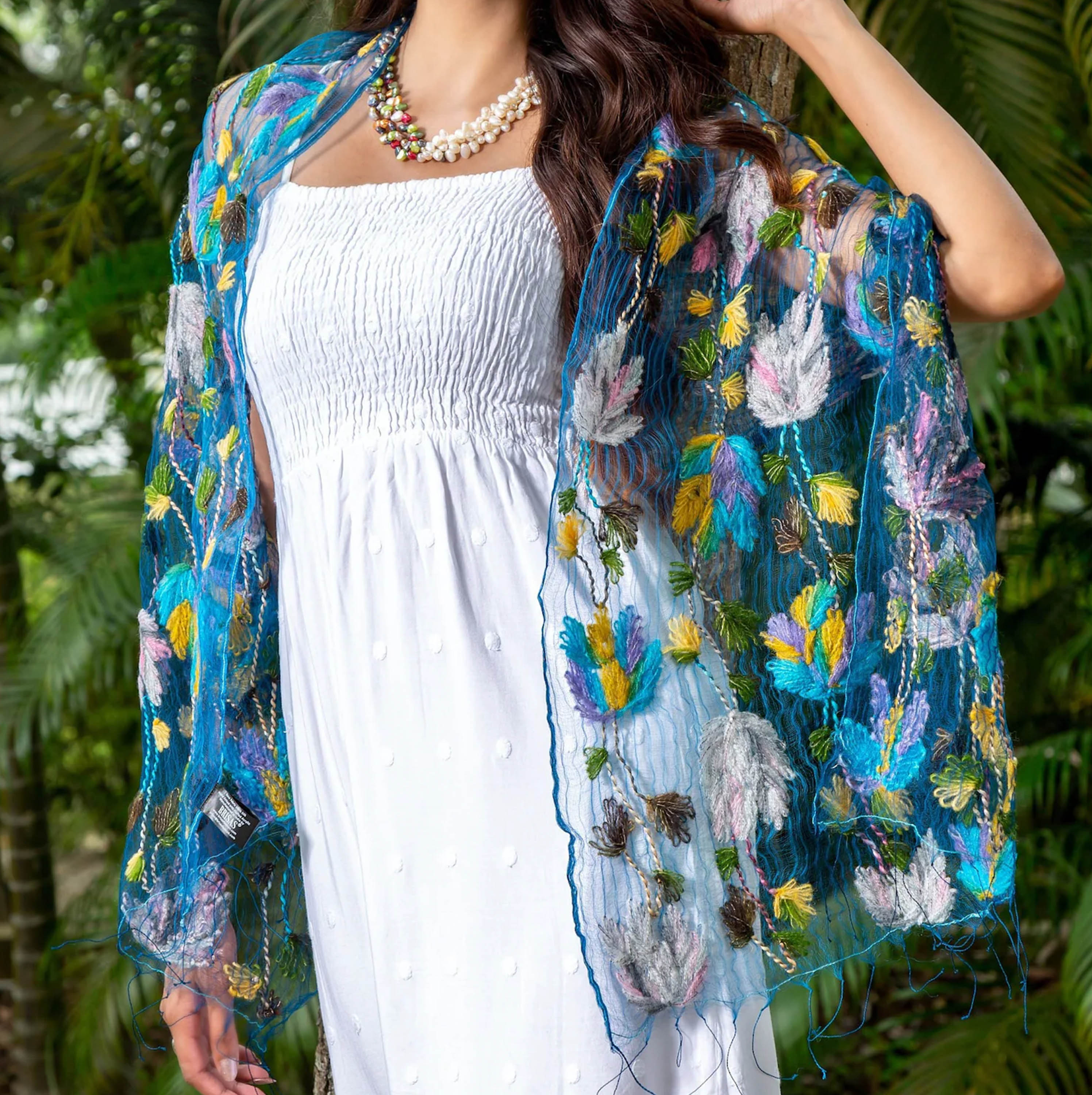 Floral Hand Embroidered Blue Silk Scarf