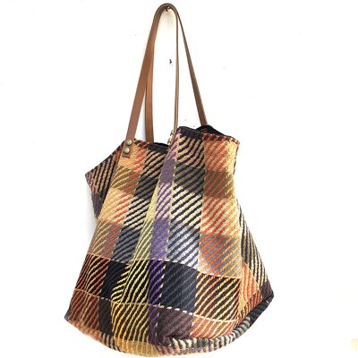 Purple, brown, orange tartan wool tote bag