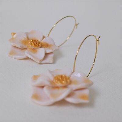 Statement Flower with Gold Embellishment on Gold Plated Hoop Earrings (Off White)