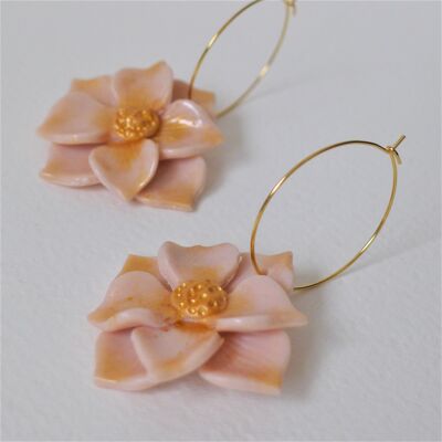 Statement Flower with Gold Embellishment on Gold Plated Hoop Earrings  (Pale Pink)