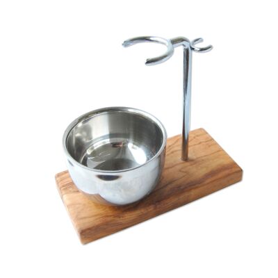 Shaving stand / holder KLASSIK PLUS with stainless steel pan for brush + wet razor, olive wood