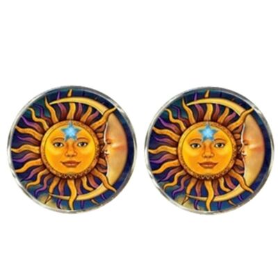 Boutons de Manchette Visage Soleil et Croissant de Lune - Jaune.Bleu