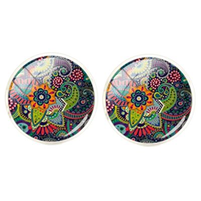 Bohemian Flower Cufflinks-Green,Navy,Orange and Red