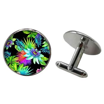 Boutons de manchette Plantes Tropicales - Noir, Vert et Bleu 3