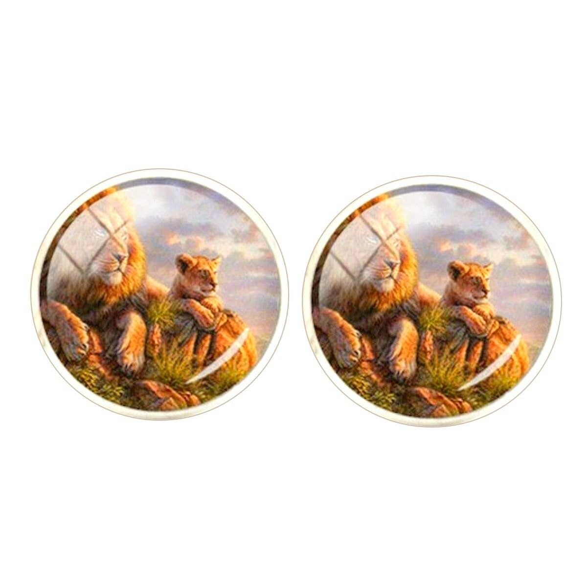 Boutons de manchette Lion Family - Beige, Vert et Bleu