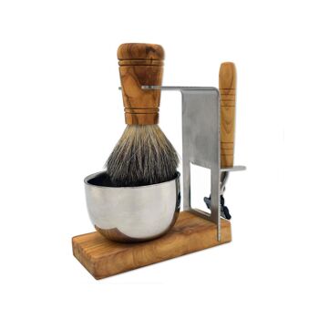 Support / support de rasage AMRUM PLUS pour brosse + rasoir humide avec plateau en métal, bois d'olivier 2