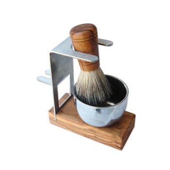 Support / support de rasage AMRUM PLUS pour brosse + rasoir humide avec plateau en métal, bois d'olivier 3