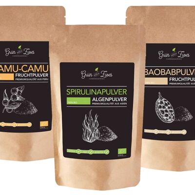 Conjunto orgánico número 3: Camu Camu, Baobab, Spirulina