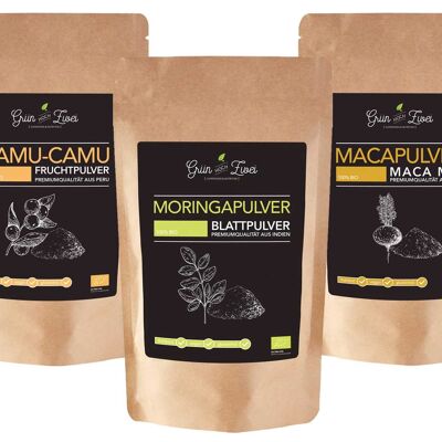 Conjunto orgánico número 2: Maca Mix, Moringa, Camu Camu