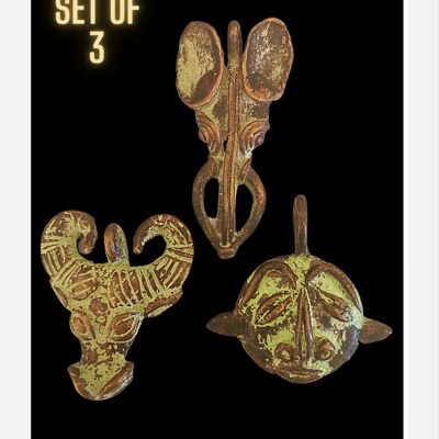 Tribal vrais pendentifs africains, éléphant, bélier, masque - LOT de 3 - B